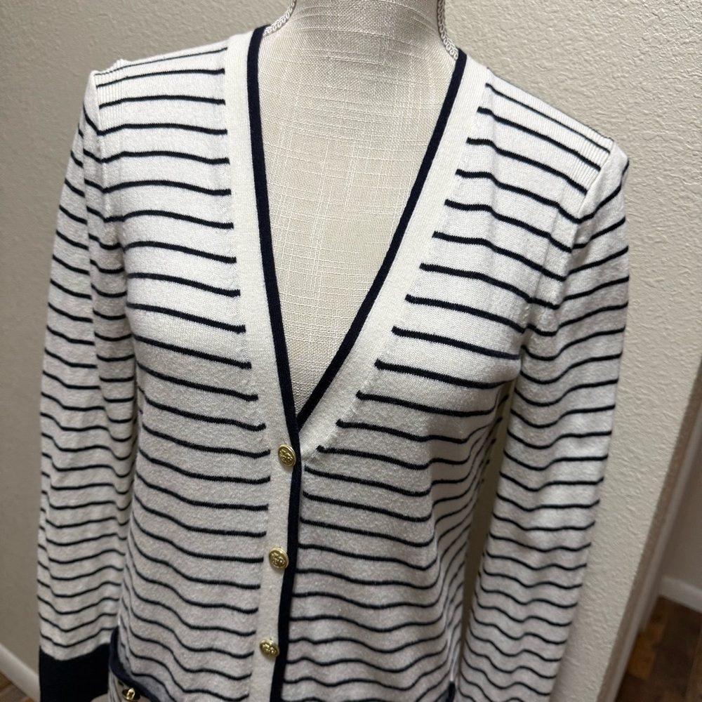 Talbots Striped White and Navy Blue Cardigan with Gold Buttons - Size XS